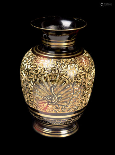 [Indian] An Indian Brass Vase with Enamel Coating and Peacock Carving