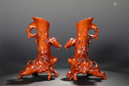 A Pair of Chinese Carved Boxwood Vases