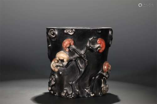 A Chinese Carved Zitan Brush Pot with Shoushan Inlaid