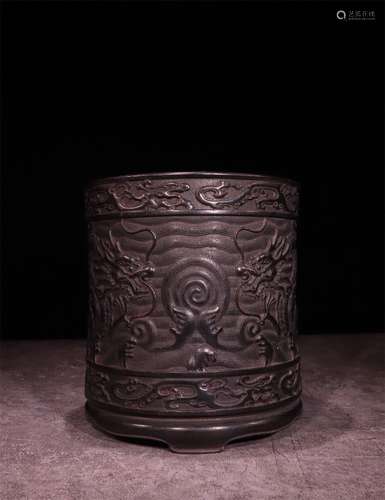 A Chinese Carved Zitan Brush Pot