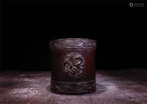 A Chinese Carved Zitan Brush Pot