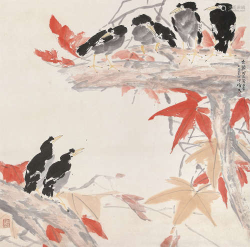 李琼久 1973年作 红叶八哥 轴 设色纸本