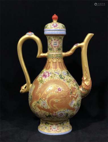 A Chinese Yellow Ground Famille-Rose Porcelain Wine Pot