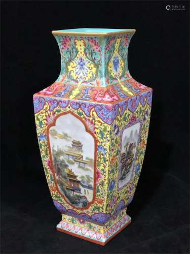 A Chinese Yellow Ground Famille-Rose Porcelain Square Vase