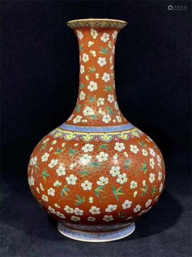 A Chinese Coral-Red Ground Famille-Rose Porcelain Vase