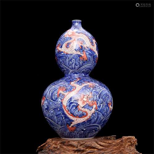 A Chinese Iron-Red Glazed Blue and White Porcelain Double Gourd Vase