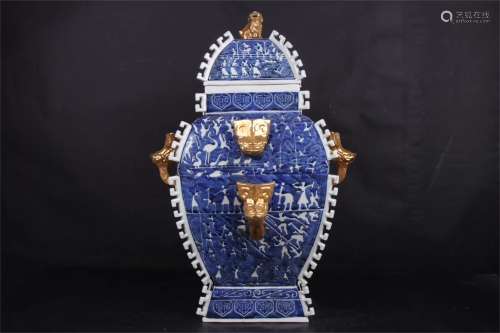 A Chinese Blue and White Porcelain Vase with Double Gold Glazed Ears