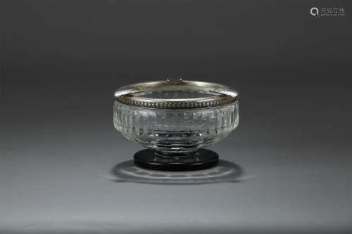欧洲古董纯银切割水晶玻璃烟缸