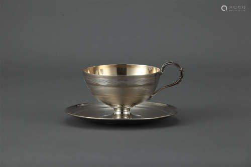法国J&A古董纯银鎏金咖啡杯碟套组