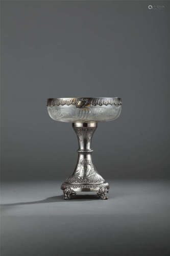 19世纪 法国纯银古董水晶高足盆