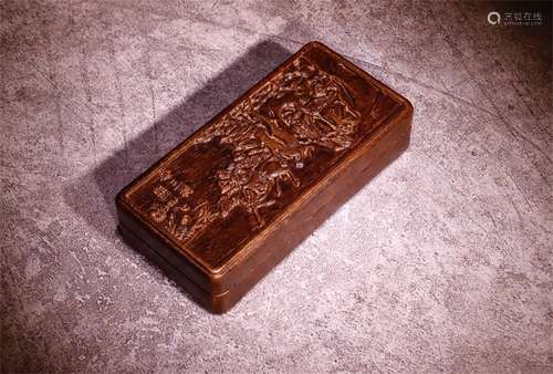 A Chinese Carved Agar-Wood Square Box with Cover