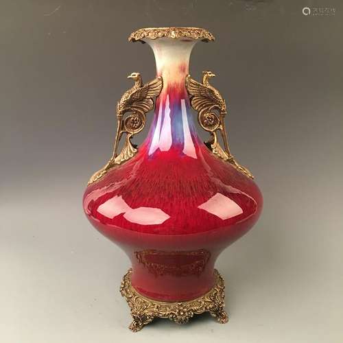 Copper Phoenix-Handle Flambe Glazed Vase