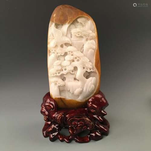 Chinese White Jade Landscape Carving with Base