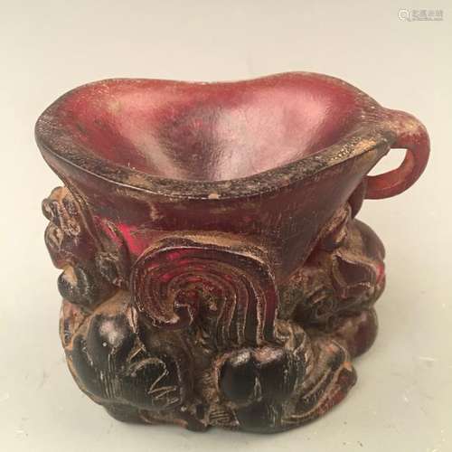 Chinese Fine Ox Horn Engraved Wine Cup