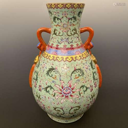 Chinese Famille Rose Vase with Handles 'Qianlong' Mark