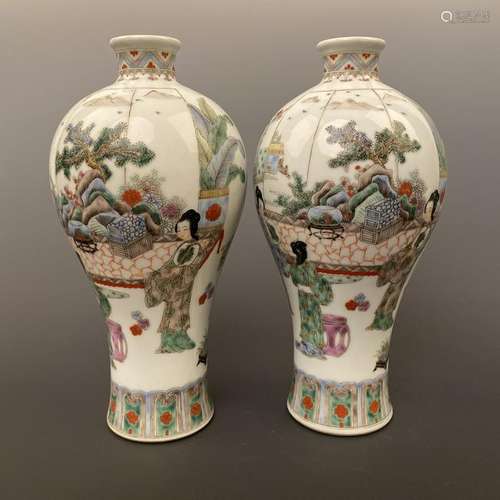 Pair of Chinese Wucai Figured Vases 'Qianlong' Mark