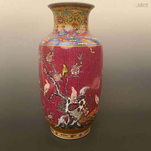 Chinese Famille Rose Flower & Bird Figured Vase