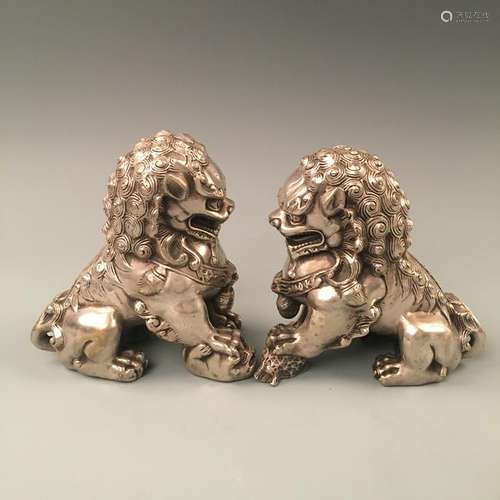 Chinese Pair of Silver Fudogs