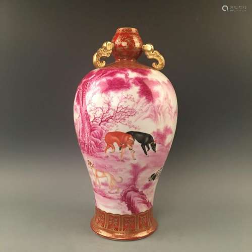 Chinese Famille Rose Dogs Vase with Qianlong Mark