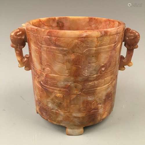 Chinese Archaic Jade Carving Brush Pot with Elephant