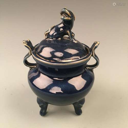 Chinese Blue Glazed Tripod Censer with Cover