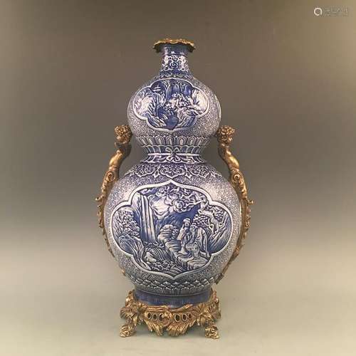 Chinese Blue Glazed with Bronze Angel Hold Vase