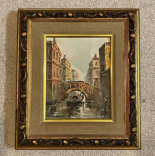 Oil Painting of Boat & Bridge in an Old Town