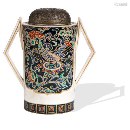 By Masanobu, Meiji Era An unusual Satsuma vase with white metal cover