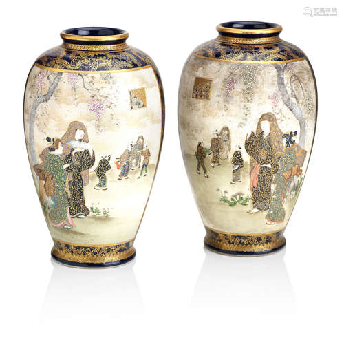 by Ryuun Fuzan, Meiji era, 19th century A pair of mirrored Satsuma vases