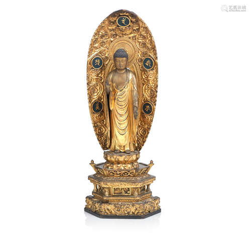 19th century A gilt and lacquered wood figure of Amida Nyorai