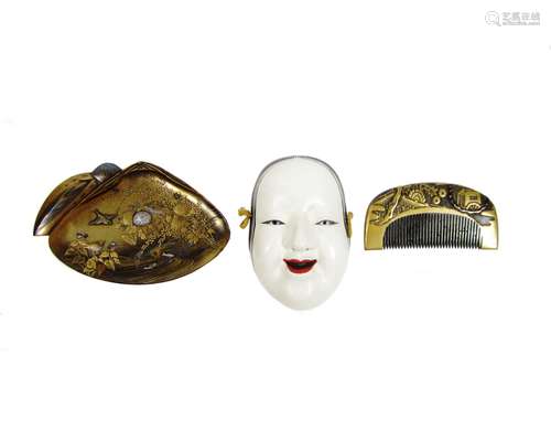 A Shibayama pin tray, a lacquered comb and a miniature Noh mask