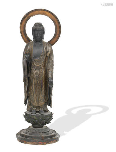 19th century A black lacquer and gilt-decorated wood Amida Nyorai figure