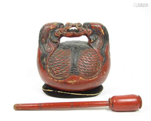 Meiji/Taisho era, early 20th century A carved and lacquered monastry bell (mokugyo) and beater