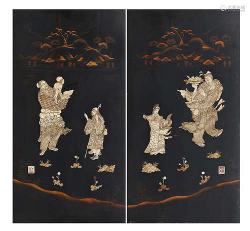 Meiji era A pair of bone-inlaid wall panels