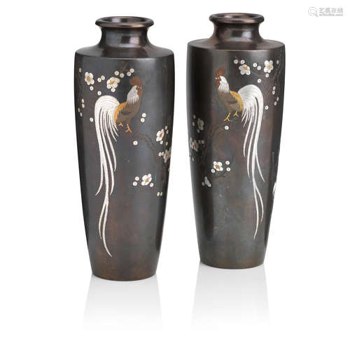 By Mitsufune, Meiji era A mirrored pair of inlaid-bronze vases