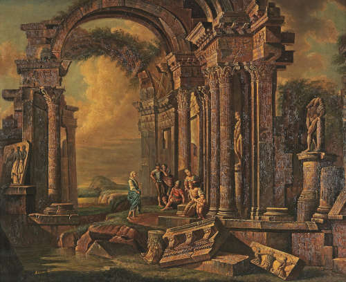 Figures in an architectural capriccio Manner of Giovanni Paolo Panini19th Century
