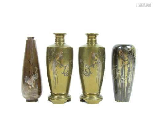 Meiji era A mirrored pair of inlaid-bronze vases together with two similar vases