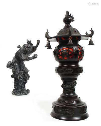 Meiji era  A bronze lantern and a bronze figure of monkey god