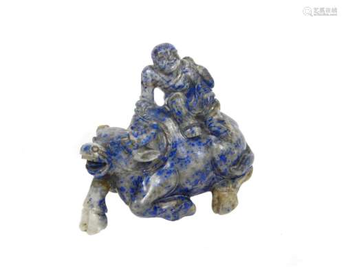 A lapis lazuli group of a buffalo and boy