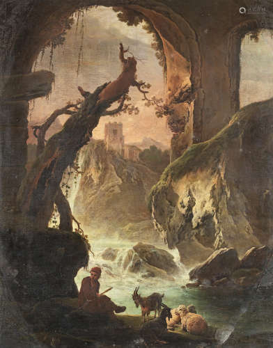 A rocky river landscape with a shepherd and his flocks Circle of Carlo Bonavia(active Naples, 1751-1788)
