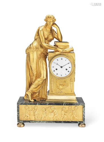Lepaute, Hgr. de l'Empereur a Paris.  The case attributable to Pierre-Victo Ledure.   A fine early 19th century French Empire ormolu and Verde antico figural mantel clock representing The Pursuit of Knowledge