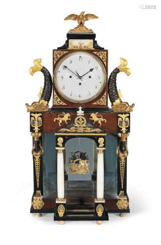 A first half of the 19th century Austrian ormolu, giltwood and alabaster-mounted grande sonnerie portico clock