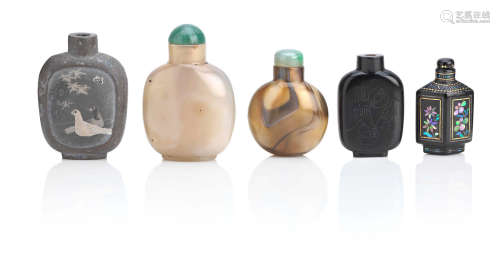 Qing Dynasty Two agate and three other snuff bottles
