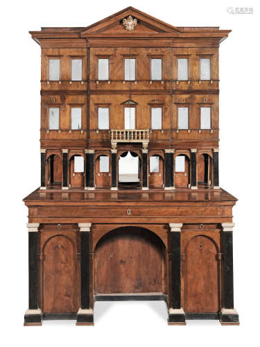 Central Italian A rare walnut, ebonised and painted architect's cabinet