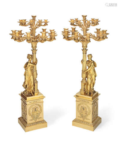 After a model by François-Thimothée Matilin A pair of large French 19th century gilt bronze figurative candelabra