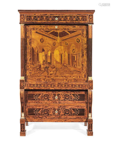 In the manner of Giovanni Maffezzoli (1776-1818) A Fine North Italian first quarter 19th century walnut, fruitwood and rosewood marquetry secrétaire à abbatant