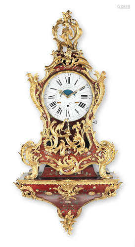 The movement and dial signed Vander Cruse a Paris.  The case by Antoine Foullet.  A fine and possibly unique mid 18th century French quarter striking cartel clock with moonphase and perpetual calendar