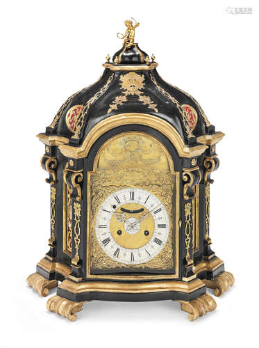 Peter Le Beptter, dated 1758.   A large and impressive mid 18th century Italian parcel gilt and ebonised twin train quarter striking bracket clock with alarm