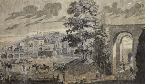 A large French early 19th century wallpaper panel possibly from the series 