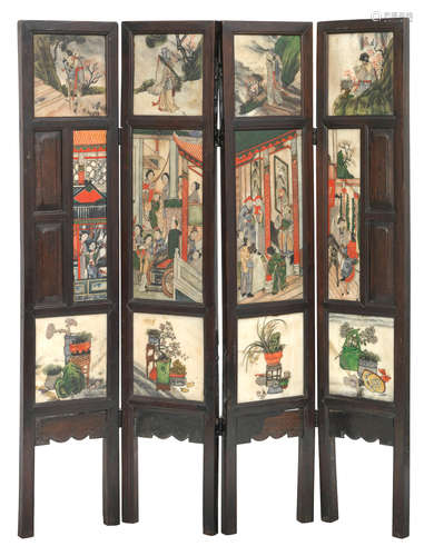 Early 20th century A hongmu and painted marble four-fold floor screen